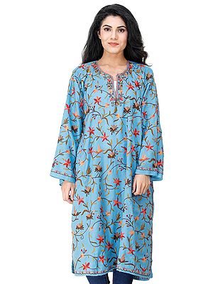 Phiran from Kashmir with Aari Hand-Embroidered Multicolor Flowers All-Over