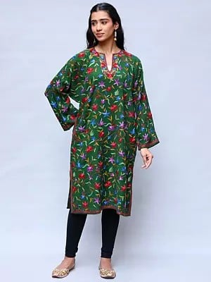 Phiran from Kashmir with Aari Hand-Embroidered Multicolor Flowers All-Over
