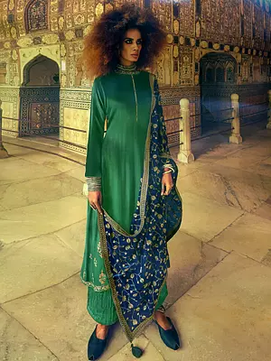 Verdant-Green Long Palazzo Salwar Kameez Suit with Zari-Embroidery and Blue Dupatta