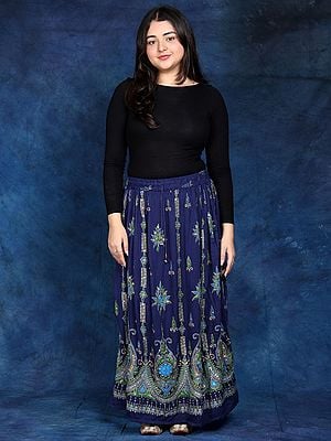 Long Skirt with Printed Flowers and Embroidered Sequins