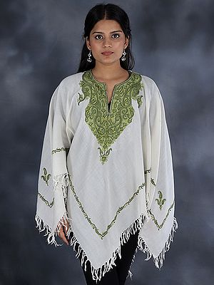 Ivory Poncho from Kashmir with Aari Hand-Embroidered Paisleys on Neck