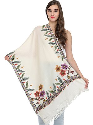 Stole from Kashmir with Aari Hand-Embroidery on Border