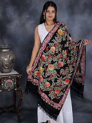 Indian Embroidered Shawl Pashmina Stole Scarf Velvet Patch Shawls Kashmir Wool 