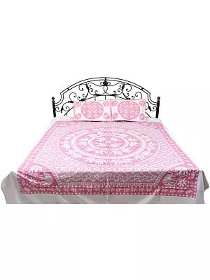 Monochrome Bedspread from Pilkhuwa with Printed Mandala and Elephant Pairs