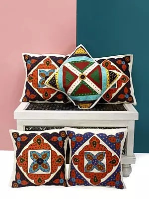 Lot of Five Gujarati Appliqué Cushion Covers with Patchwork