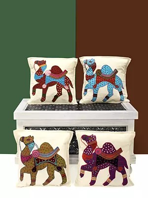 Lot of Four Appliqué Cushion Covers with Embroidered Camels