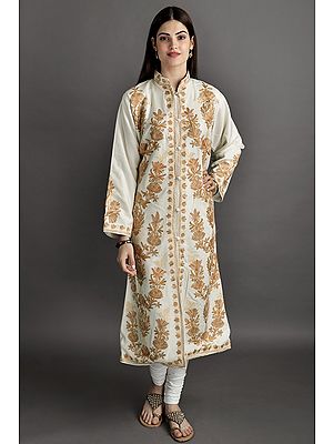 Snow-White Long Woolen Jacket from Kashmir with Aari-Embroidered Giant Golden Flowers