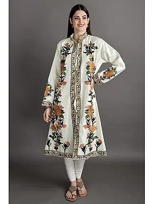 Star-White Long Kashmiri Silk Jacket with Aari-Embroidered Multicolor Flowers