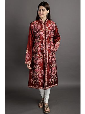 Red-Dahlia Long Cashmere Silk Jacket With Floral Aari-Embroidered