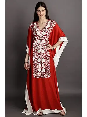 True-Red Woolen Kaftan from Kashmir With Aari Embroidered White Flowers