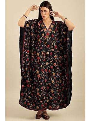 Black-Beauty Aari Hand Embroidered Long Cashmere Kaftan With Multi-coloured Flowers