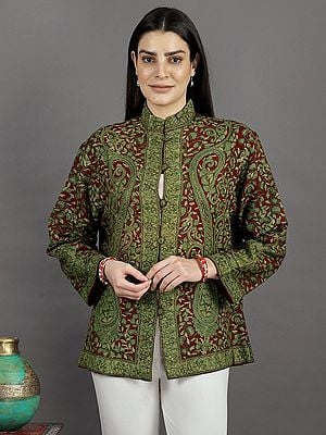 Winery Woolen Jacket from Kashmir with Aari Hand-Embroidered Paisley All-Over