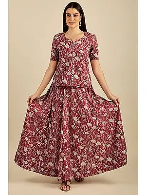 "Lavanya” The Red Hue – Hand Block Printed Paneled Flared Skirt with Front Open Top