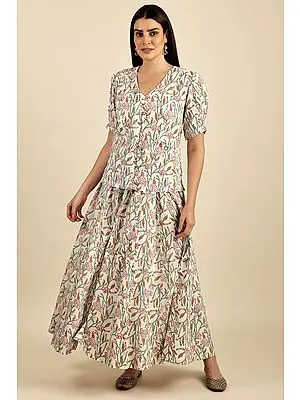 "Alopa" (Faultless) White Hand-Block Printed Cotton Flared Paneled Skirt and Well-Shaped Top