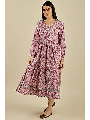 "Arunima" Glow of Dawn - Hand Block Printed Pleated Finely Shaped Flared Dress