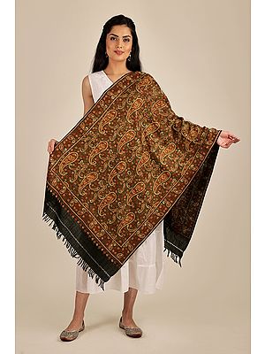 Woolen Stole from Kashmir with Aari-Embroidered Floral Paisley By Hand