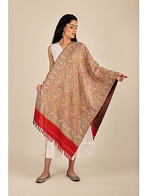 Woolen Stole from Kashmir with Aari-Embroidered Floral Paisley By Hand