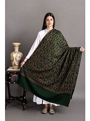 Tusha Shawl from Kashmir with Sozni Hand-Embroidered Floral Vines and Paisleys