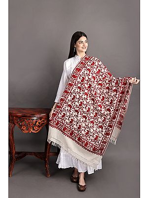 Woolen Stole from Kashmir with Aari-Embroidered Floral Paisley