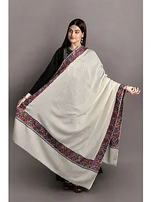 Cloud-Cream Plain Tusha Shawl from Kashmir with Needle Embroidery by Hand on Border