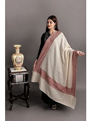 Cloud-Cream Plain Tusha Shawl from Kashmir with Needle Embroidery 