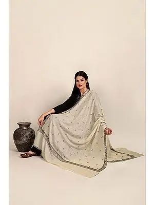 Cannoli-Cream Handloom Pure Pashmina Shawl from Kashmir with Sozni-Embroidery by Hand