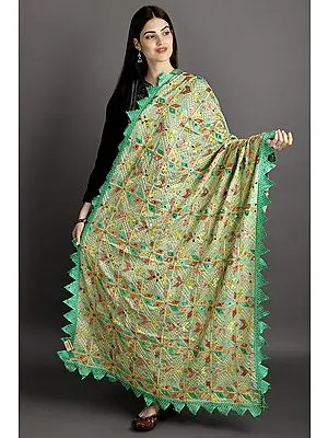 Phulkari Dupatta from Punjab with Multicolor Geometric Patterns and Beaded Zari Border