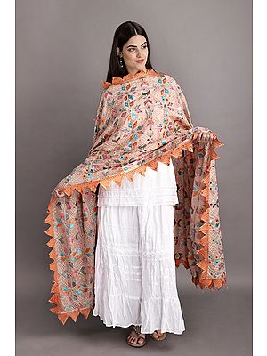 Phulkari Dupatta from Punjab with Multicolor Geometric Patterns and Beaded Zari Border