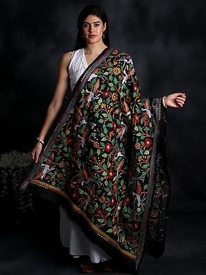Kantha Dupatta With Multicolored Embroidered Flowers And Birds By Hand From Bengal