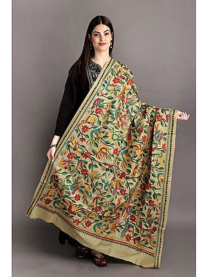 Sahara-Sun Kantha Dupatta With Multicolored Embroidered Flowers By Hand From Bengal