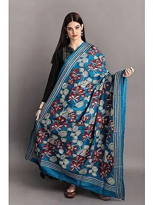 Blue-Jewel Kantha Dupatta With Multicolored Embroidered Flowers By Hand From Bengal