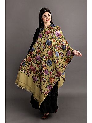 Southern-Moss Kashmiri Stole with Aari-Hand Embroidered Giant Flowers