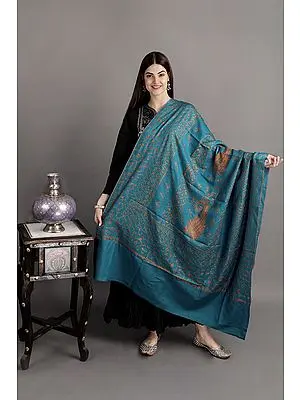 Navagio-Bay Tusha Shawl from Kashmir with Sozni Hand-Embroidered Floral Vines and Paisleys