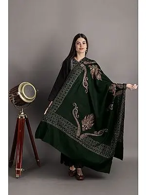 Pine-Grove Tusha Shawl from Kashmir with Sozni Hand-Embroidered Floral Vines and Leaf