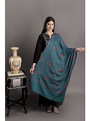 Tahitian-Tide Tusha Stole from Kashmir with Sozni Hand-Embroidered Leaf