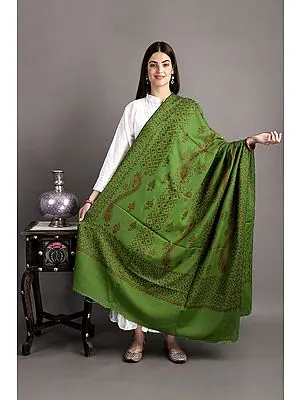Minced-Herb Tusha Stole from Kashmir with Sozni Hand-Embroidered Floral Vines and Paisleys