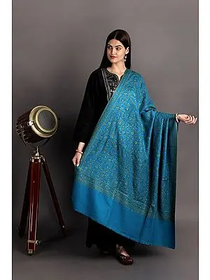 Blue-Jewel Tusha Shawl from Kashmir with Sozni Hand-Embroidered Floral Vines