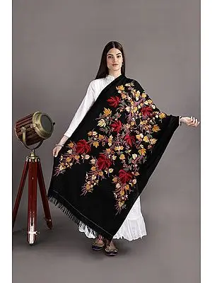 Black-Beauty Kashmiri Aari Stole with Hand-Embroidered Tree of Life