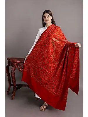Valiant-Poppy Tusha Shawl from Kashmir with Sozni Hand-Embroidered Floral Vines and Paisleys