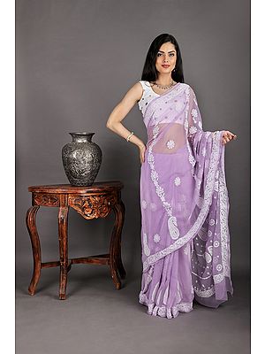 Lavendula Chiffon Saree With Chikan Hand-Embroidered Paisleys From Lucknow