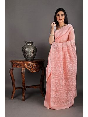Quartz-Pink Cotton Sari from Lucknow with Chikan Hand-Embroidered Leaf and Flowers on Anchal