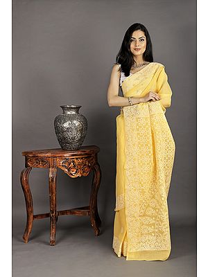 Beach-Ball Cotton Saree from Lucknow with Chikan Hand-Embroidered Leaf and Flowers on Anchal