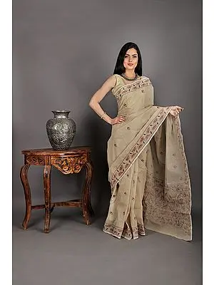 Safari Cotton Sari from Bengal with Kantha Hand-Embroidery on Border and Anchal