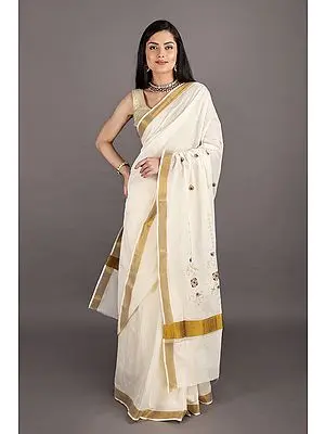 Winter-White Kasavu Sari from Kerala with Embroidered Flowers and Golden Border