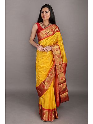 Gold-Fusion and Red Handloom Pure Silk Sari from Bangalore with Brocade Weave