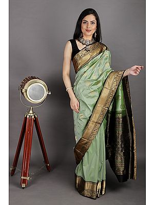 Foam-Green and Black Handloom Pure Silk Sari From Bangalore with Brocade Weave