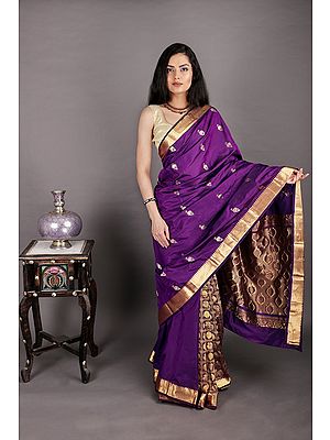 Plum Hand Woven Pure Silk Sari From Bangalore with Gold Border and Leaf on Anchal