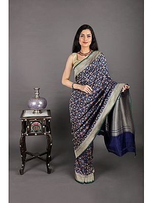 Bellweather Blue Handloom Pure Chiffon Banarasi Sari with Brocade Weave