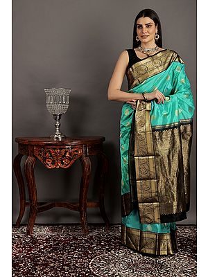 Bright-Aqua Handloom Pure Silk Sari From Bangalore with Brocade Weave