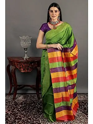 Salted-Lime Katan Silk Sari from Bengal with Multicolor Woven Strips on Anchal